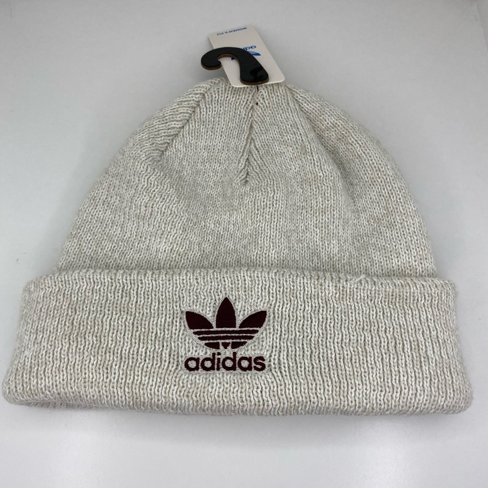 adidas Cream Knit Beanie with Maroon Logo